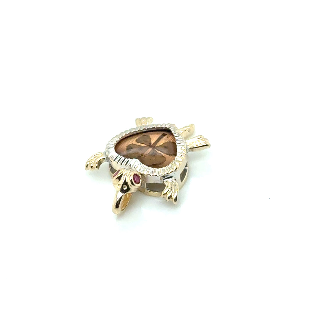 10k Yellow and White Gold Ruby Eyes Turtle Pendant