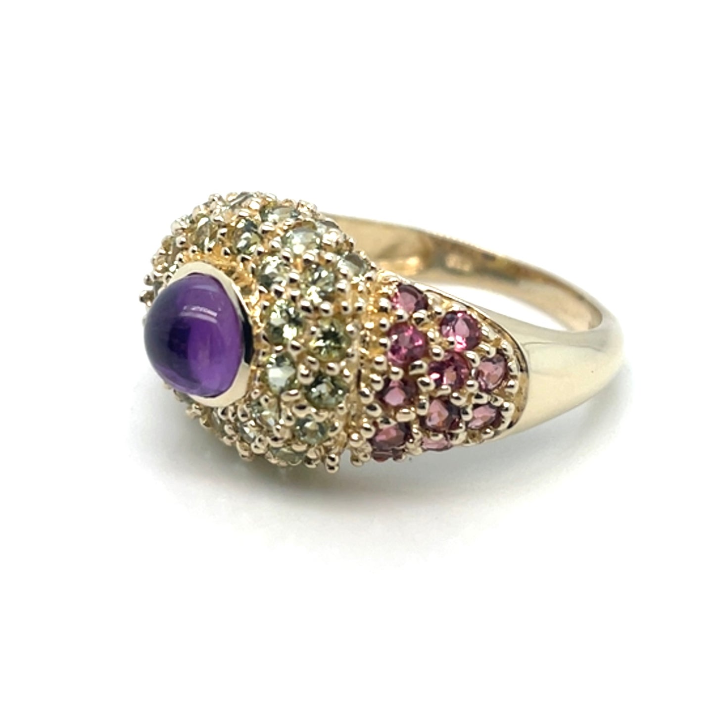 10k Yellow Gold Pink and Green Tourmaline with Purple Amethyst Ring