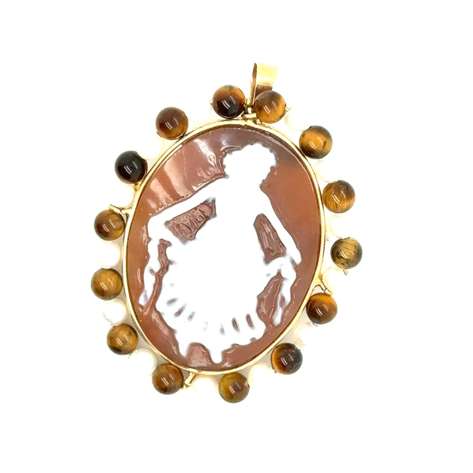 Vintage 14k Yellow Gold Italy Pearl and Tiger Stone Brooch/Pendant