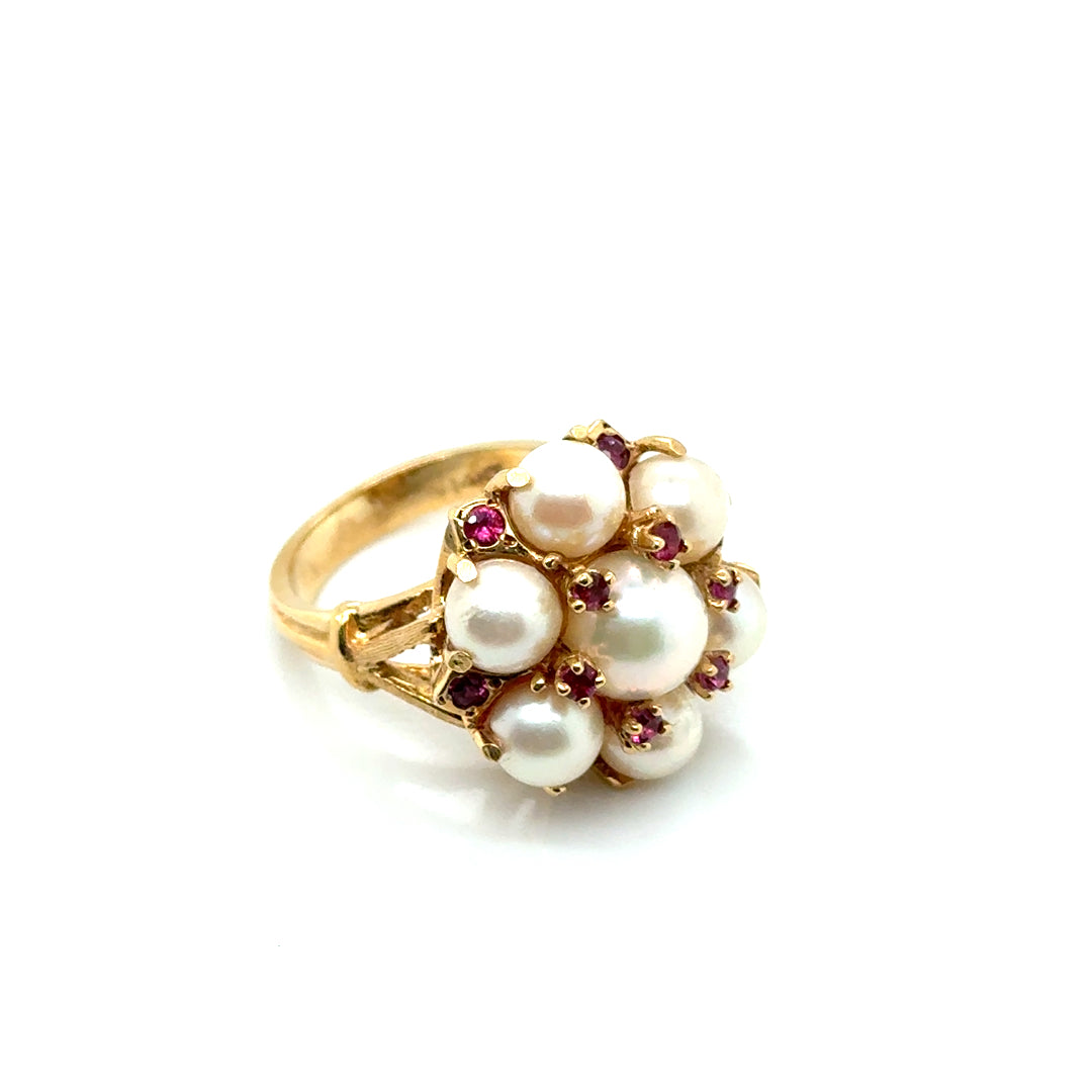 Vintage Style 14k Yellow Gold Pearl and Pink Tourmaline Ring