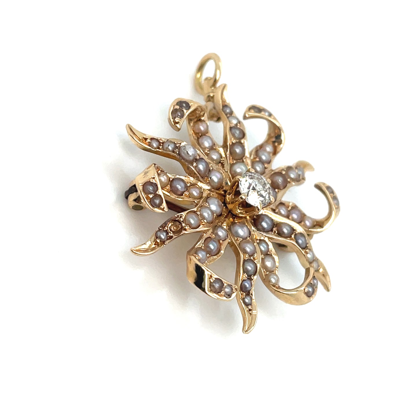 14k Yellow Gold Pearls and Diamonds Pendant and Brooch/Pin or Pendant