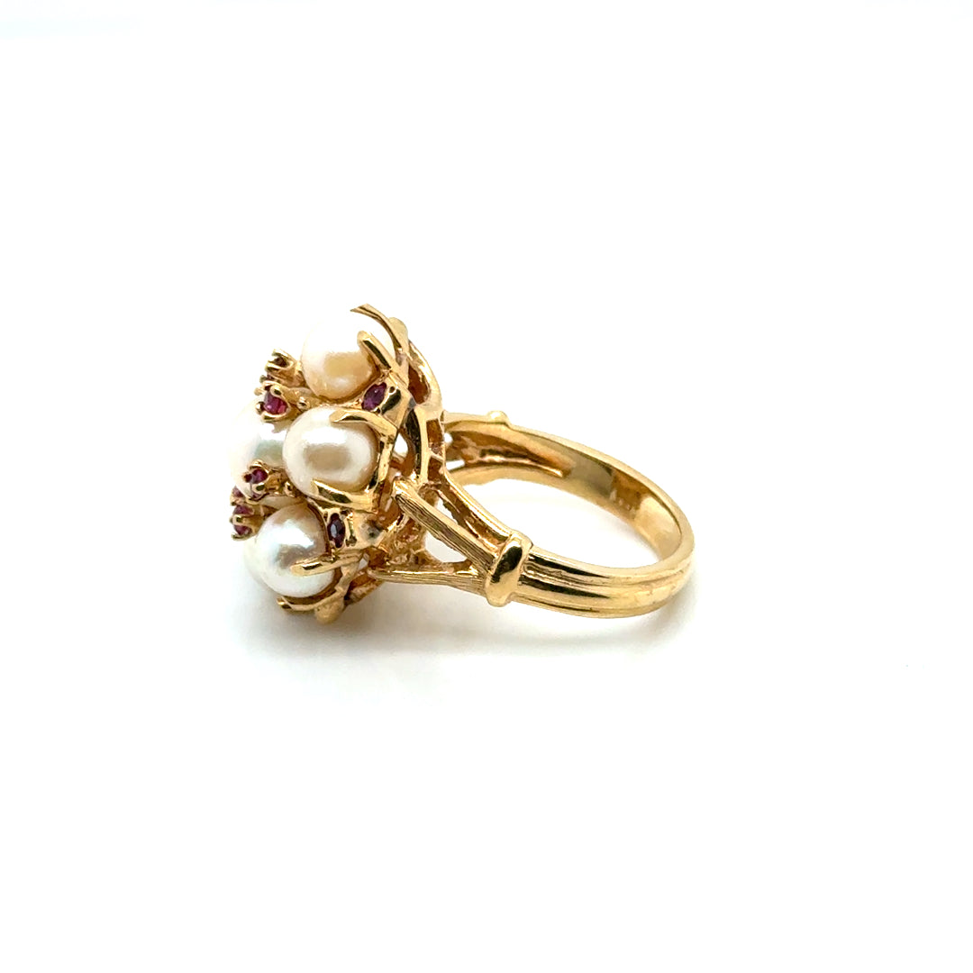 Vintage Style 14k Yellow Gold Pearl and Pink Tourmaline Ring