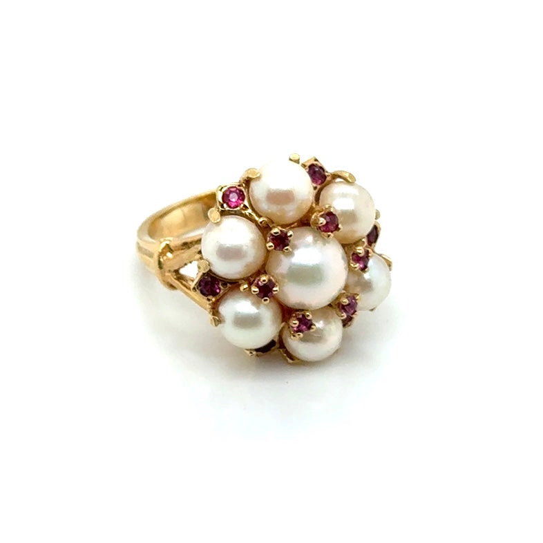 Vintage Style 14k Yellow Gold Pearl and Pink Tourmaline Ring