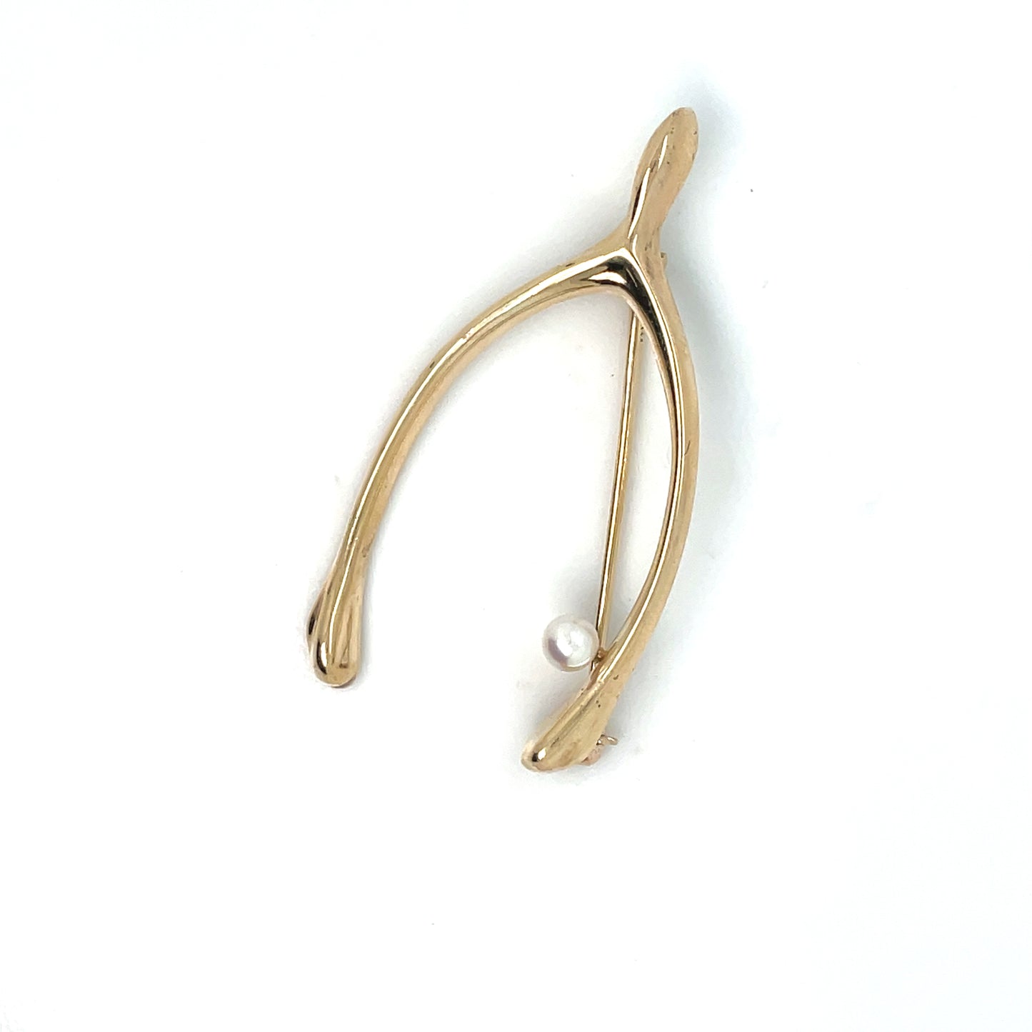 14K Yellow Gold and Cultured Pearl Lucky Wishbone Vintage Brooch/Pin
