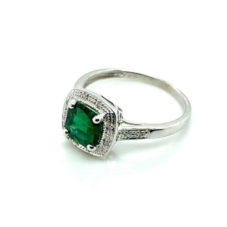10k White Gold Synthetic Emerald and Diamonds Ring