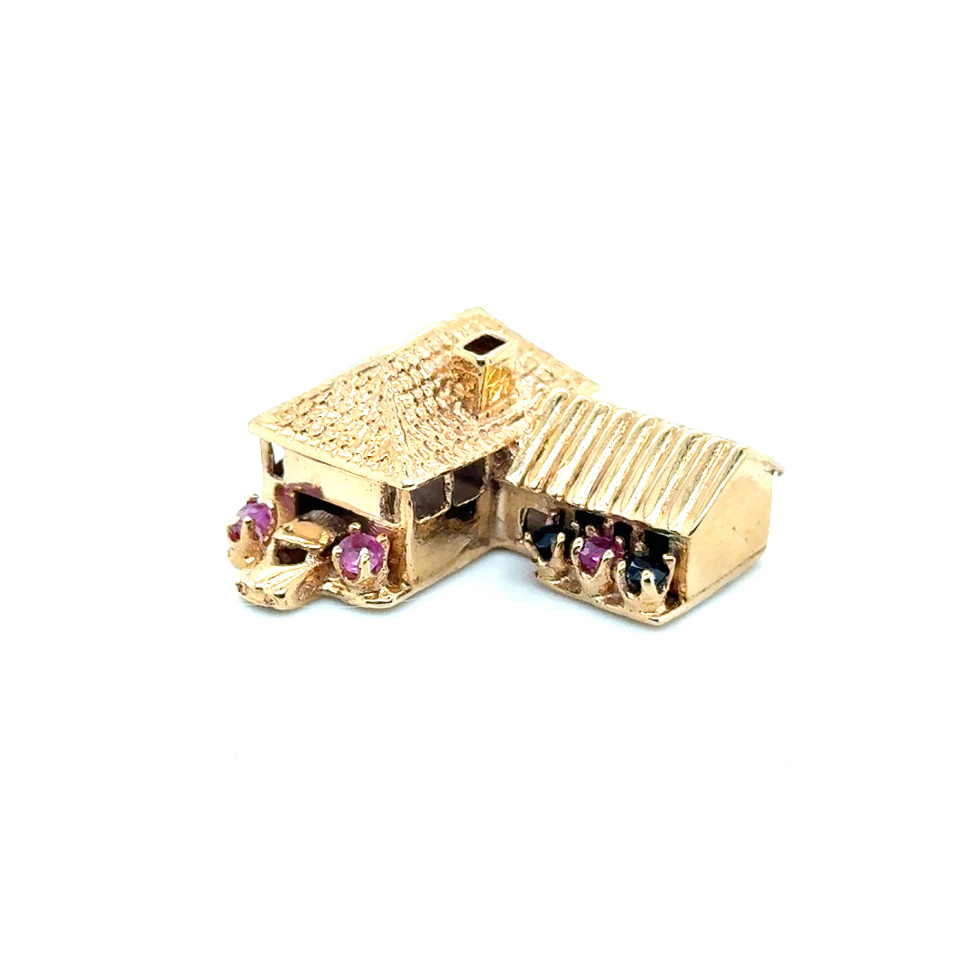New 14k Yellow Gold House with Car, Pink Tourmaline and Sapphire Pendant