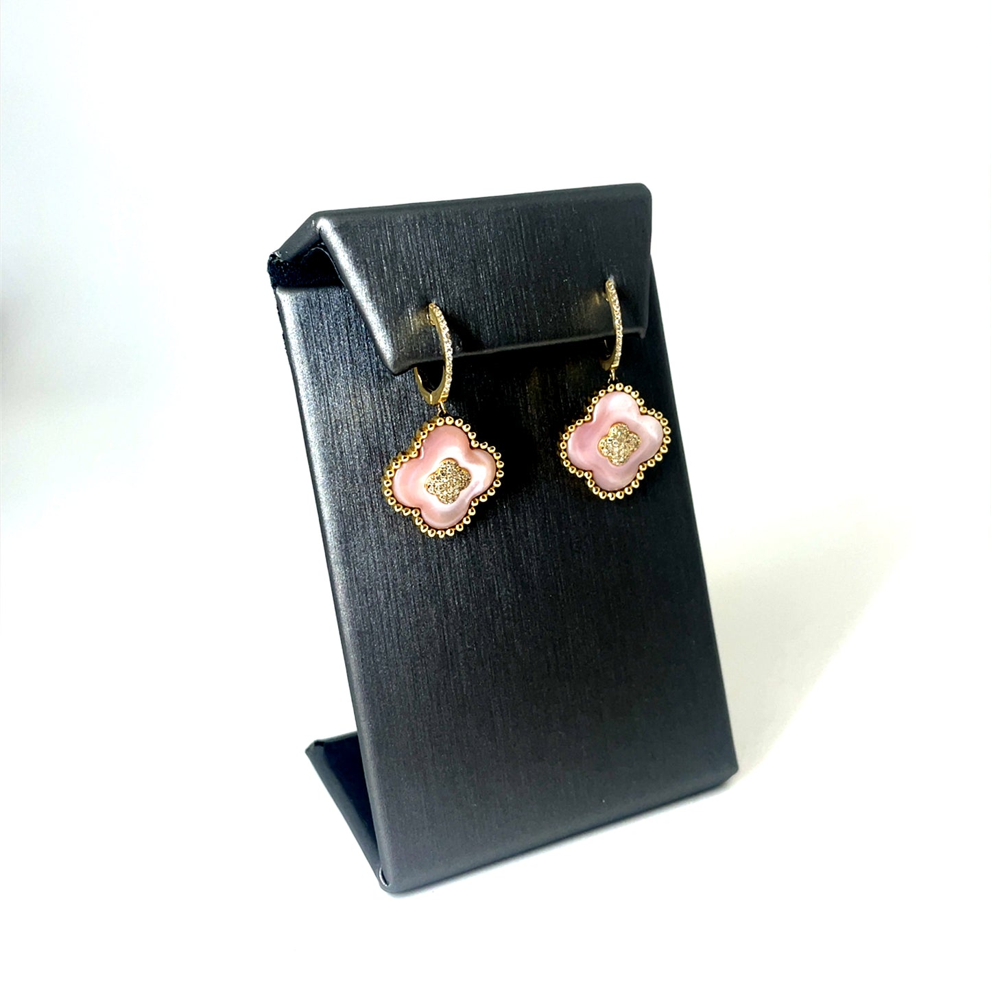 14k Yellow Gold Van Cleef Style Rose Quartz and 0.75 CT TW Diamonds Earrings