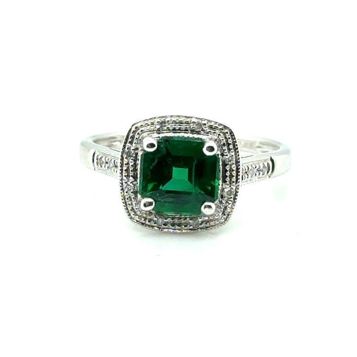 10k White Gold Synthetic Emerald and Diamonds Ring
