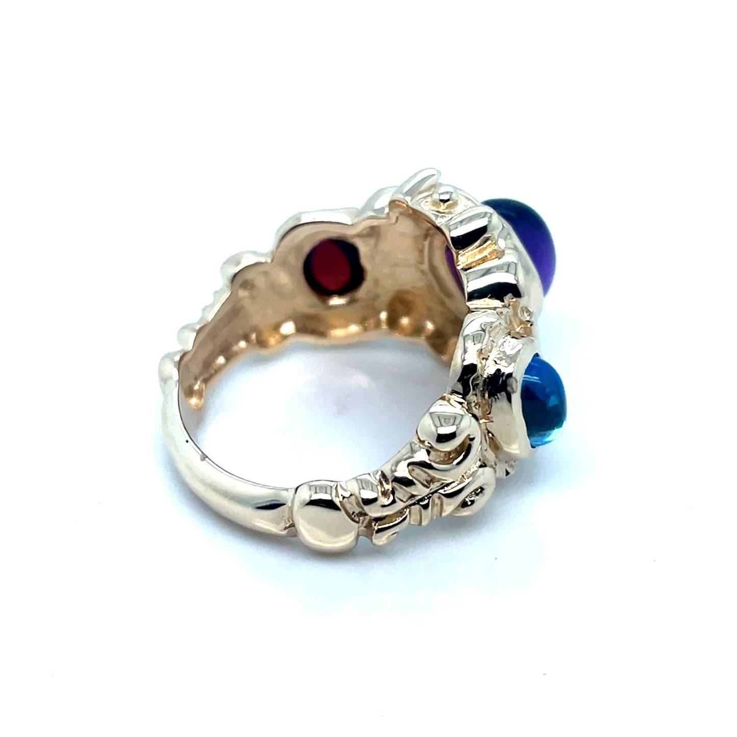 14k Yellow Gold Purple Amethyst and Cherry Red Garnet and Blue Aquamarine Ring