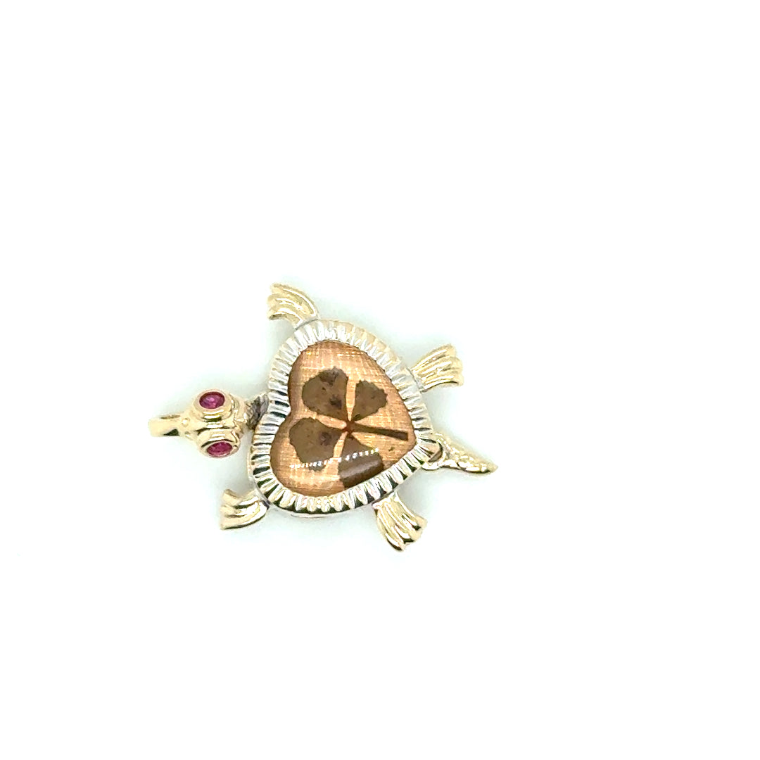 10k Yellow and White Gold Ruby Eyes Turtle Pendant