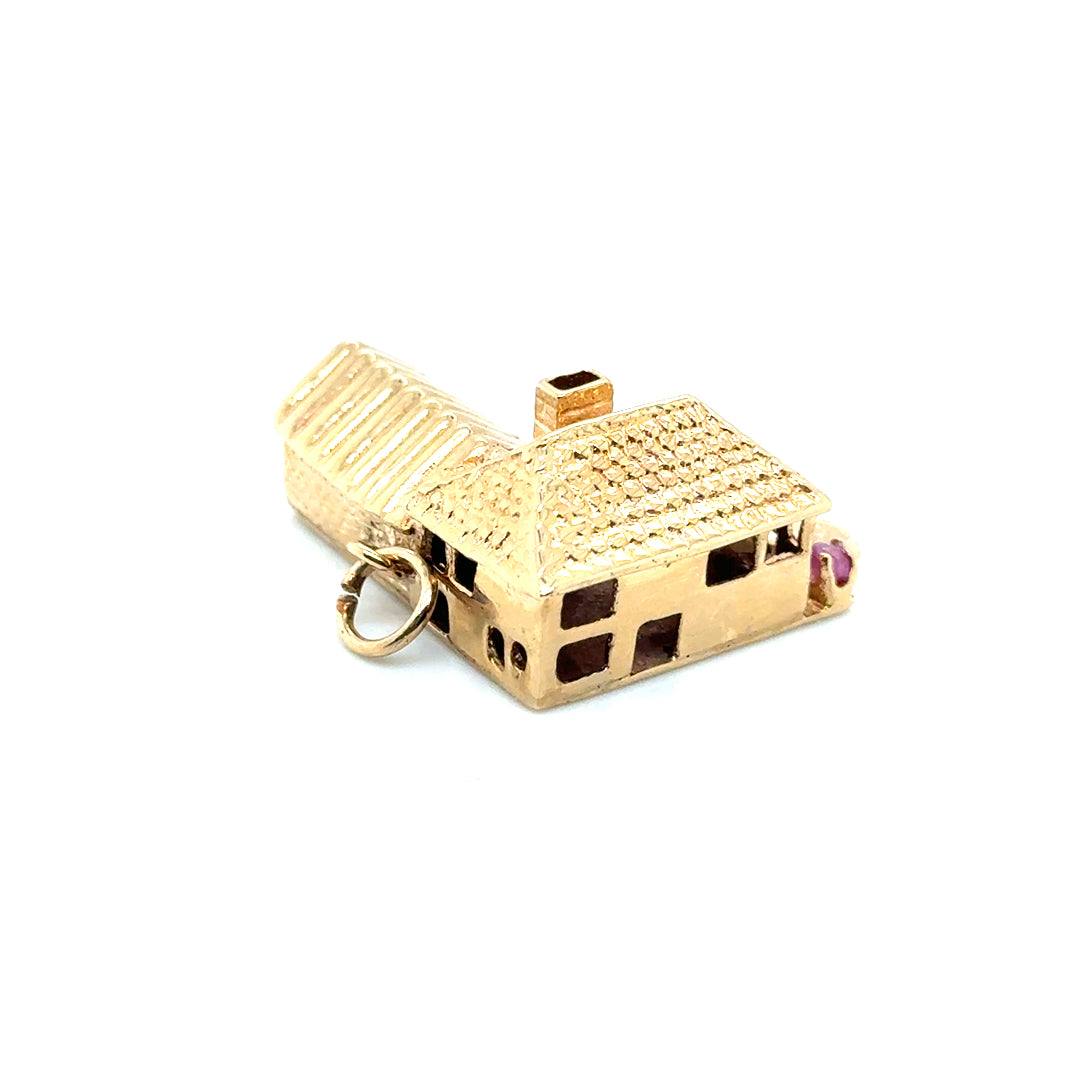 New 14k Yellow Gold House with Car, Pink Tourmaline and Sapphire Pendant