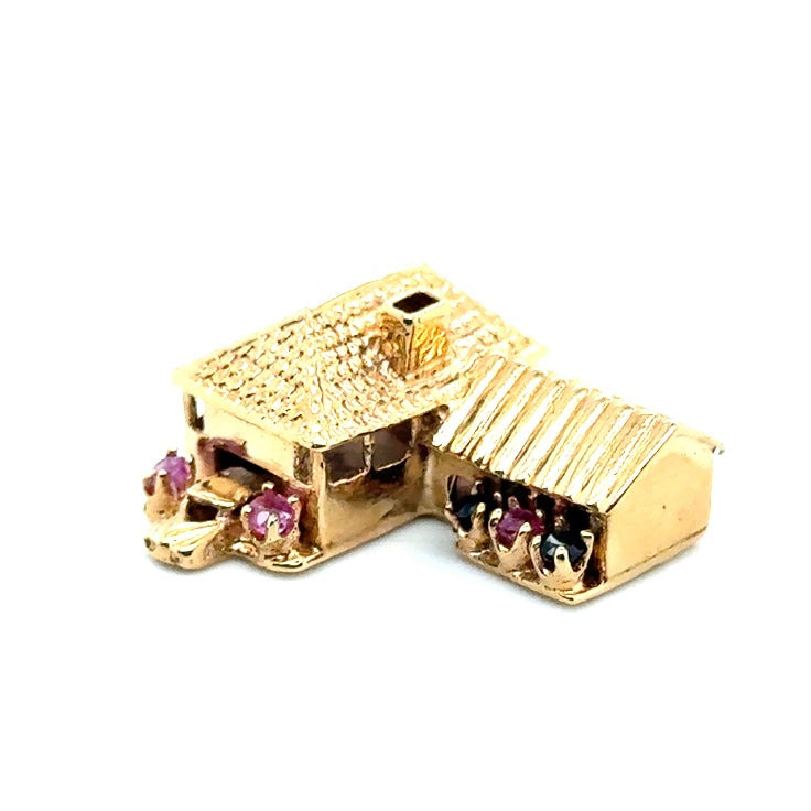 New 14k Yellow Gold House with Car, Pink Tourmaline and Sapphire Pendant