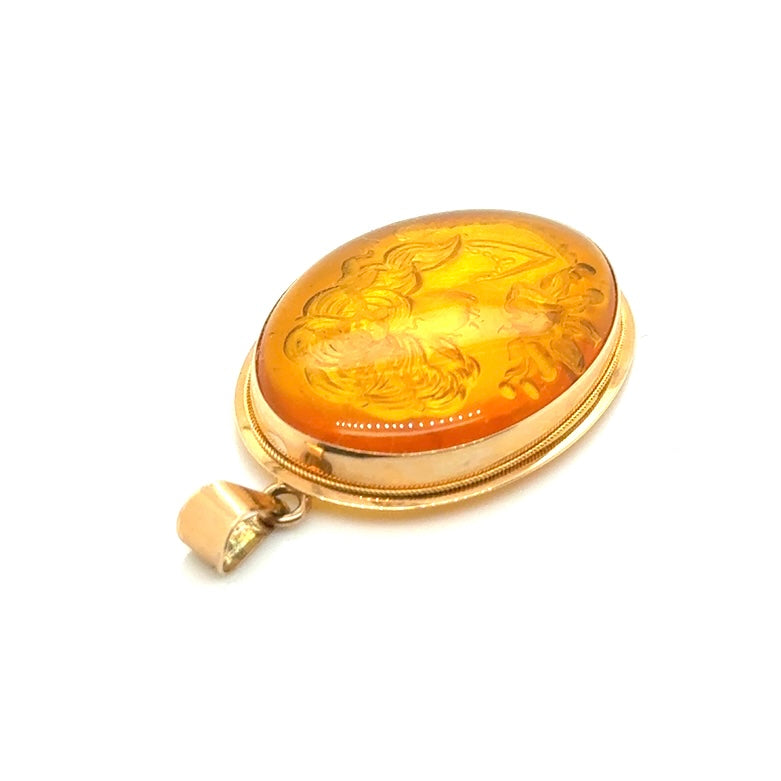 Vintage 14k YG Amber Intaglio Reverse Cameo Portrait Pendant Mickey Anthony