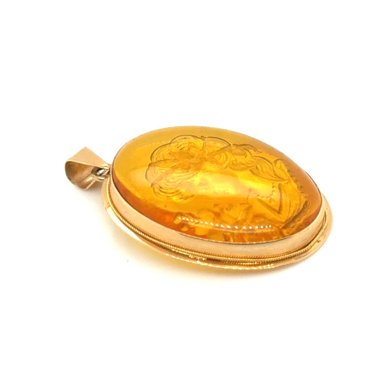 Vintage 14k YG Amber Intaglio Reverse Cameo Portrait Pendant Mickey Anthony