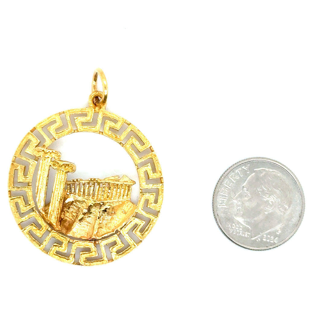 New 18k Yellow Gold 3D Greek Parthenon Medallion Pendant