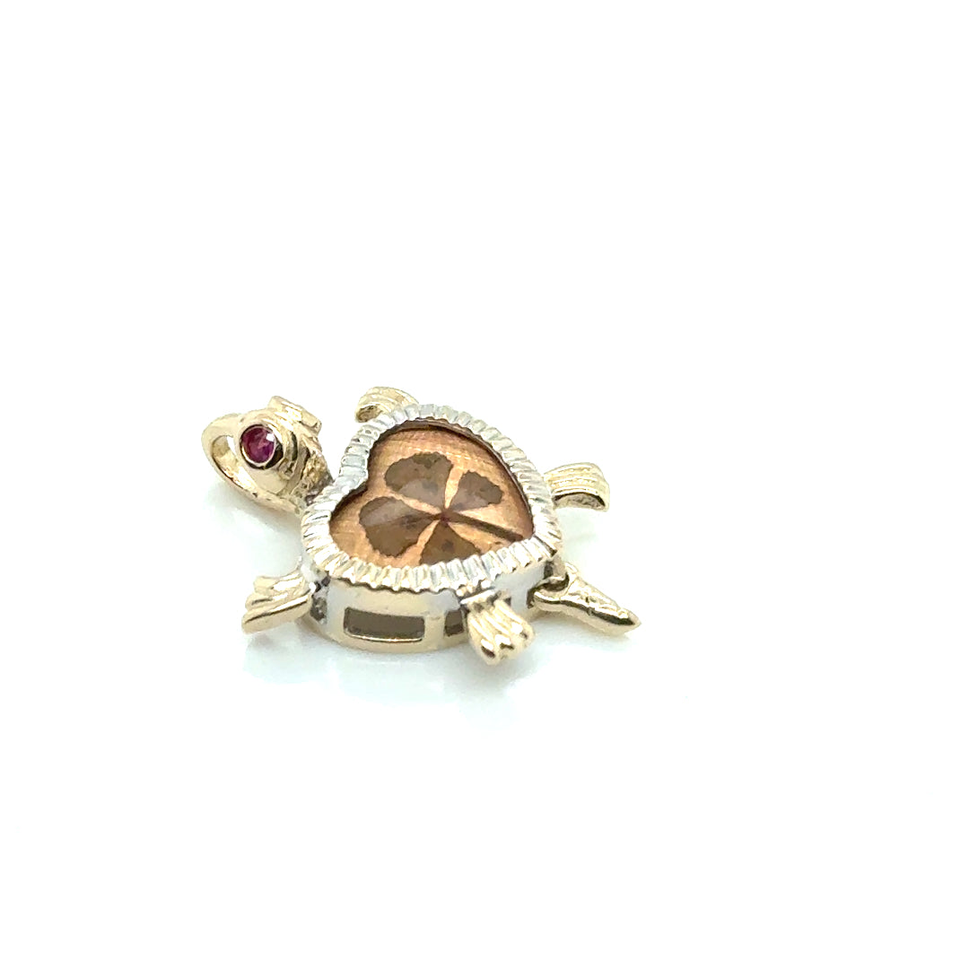 10k Yellow and White Gold Ruby Eyes Turtle Pendant