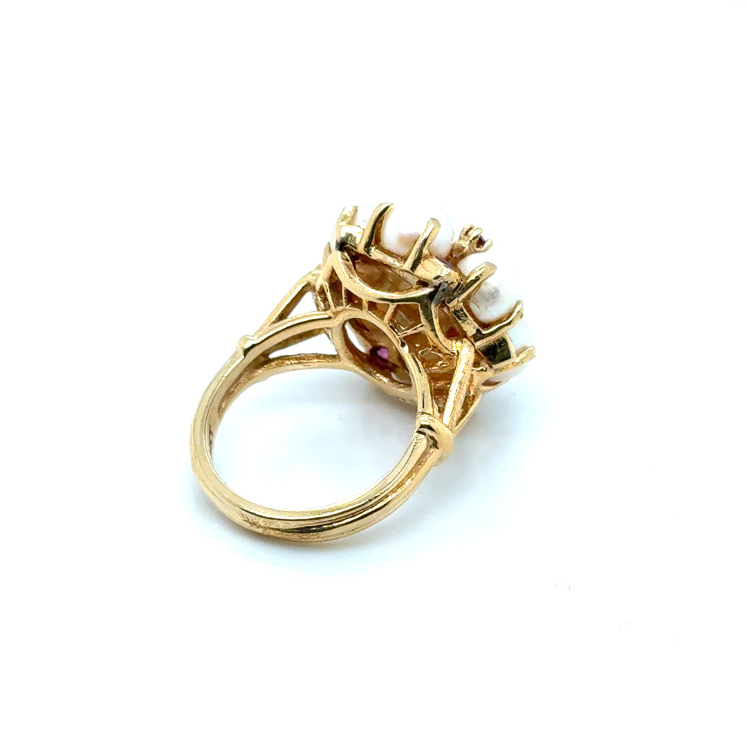 Vintage Style 14k Yellow Gold Pearl and Pink Tourmaline Ring