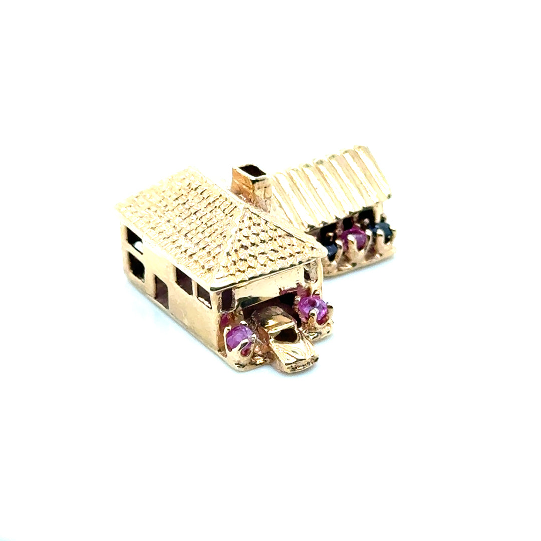 New 14k Yellow Gold House with Car, Pink Tourmaline and Sapphire Pendant