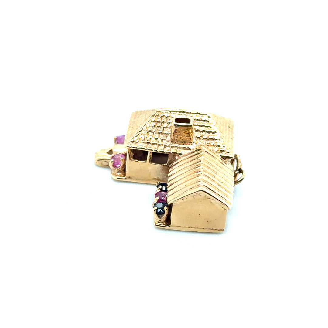 New 14k Yellow Gold House with Car, Pink Tourmaline and Sapphire Pendant