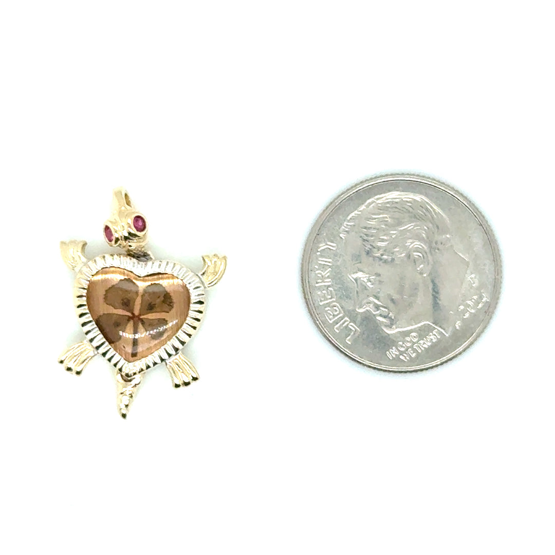 10k Yellow and White Gold Ruby Eyes Turtle Pendant