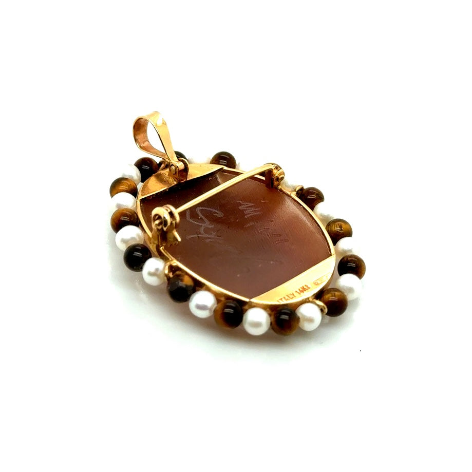 Vintage 14k Yellow Gold Italy Pearl and Tiger Stone Brooch/Pendant
