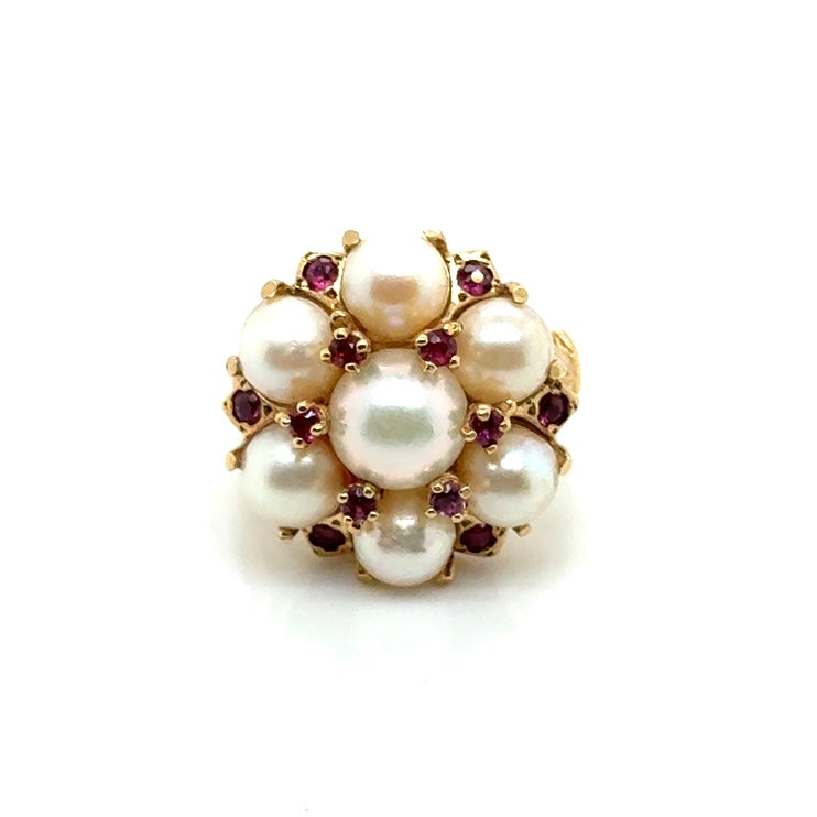 Vintage Style 14k Yellow Gold Pearl and Pink Tourmaline Ring
