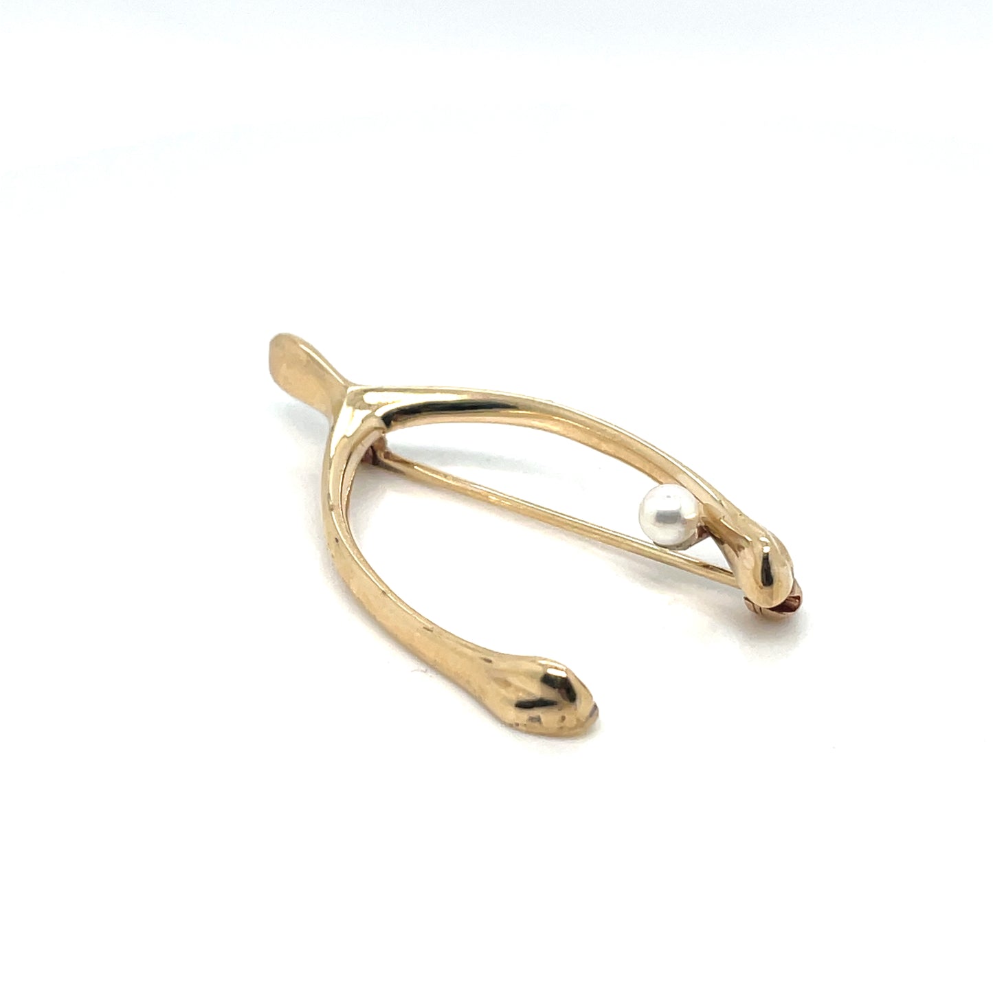 14K Yellow Gold and Cultured Pearl Lucky Wishbone Vintage Brooch/Pin