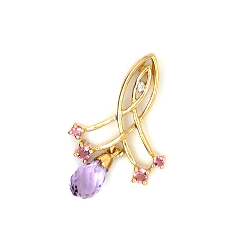 10k Yellow Gold Teardrop Purple Amethyst and Tourmaline Pendant