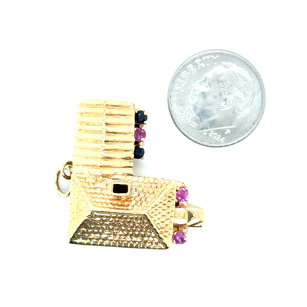 New 14k Yellow Gold House with Car, Pink Tourmaline and Sapphire Pendant