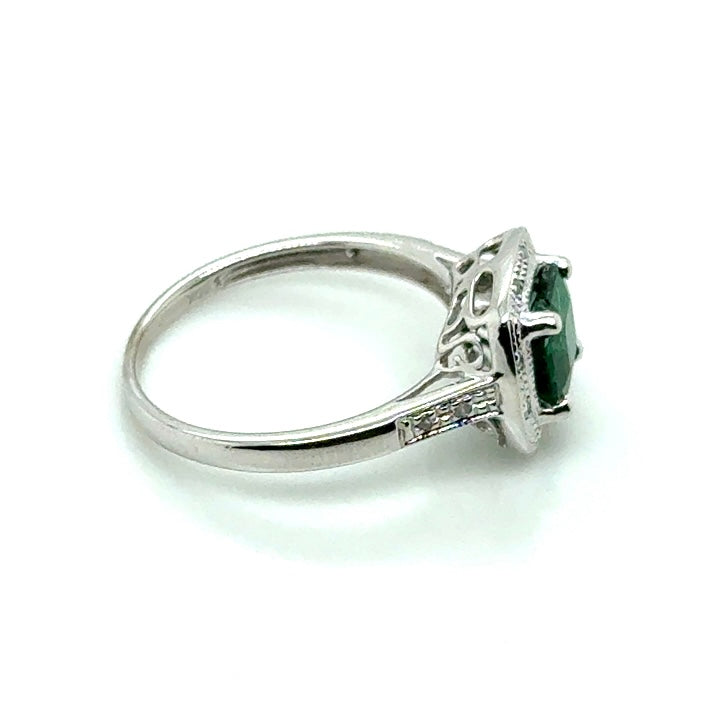 10k White Gold Synthetic Emerald and Diamonds Ring