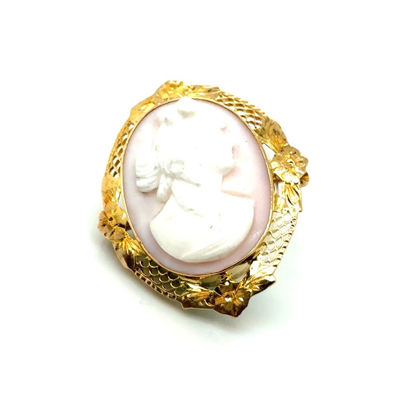 Vintage 10k Yellow Gold and Pink Shell Carved Floral Brooch/Pendant