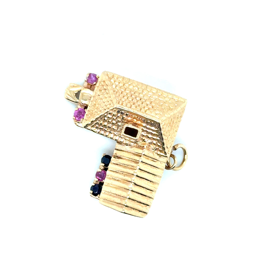New 14k Yellow Gold House with Car, Pink Tourmaline and Sapphire Pendant