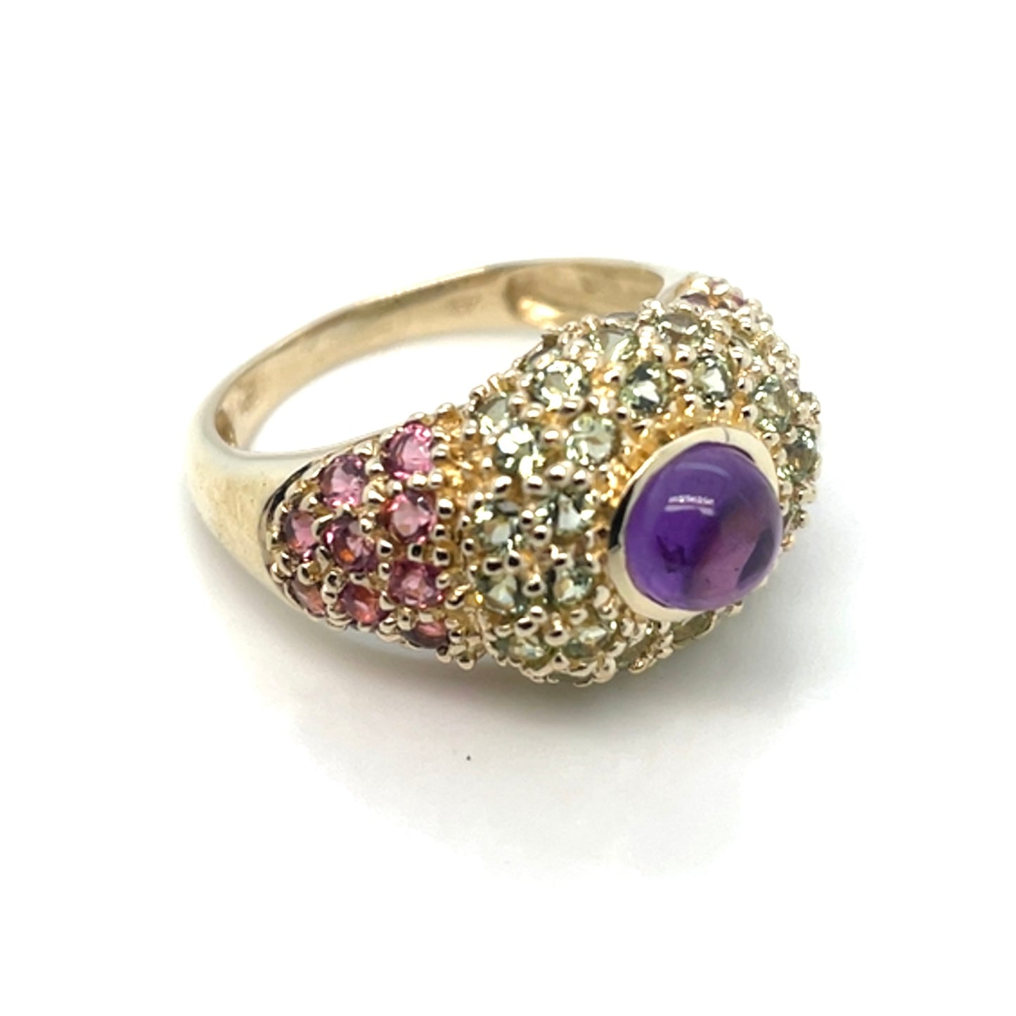 10k Yellow Gold Pink and Green Tourmaline with Purple Amethyst Ring