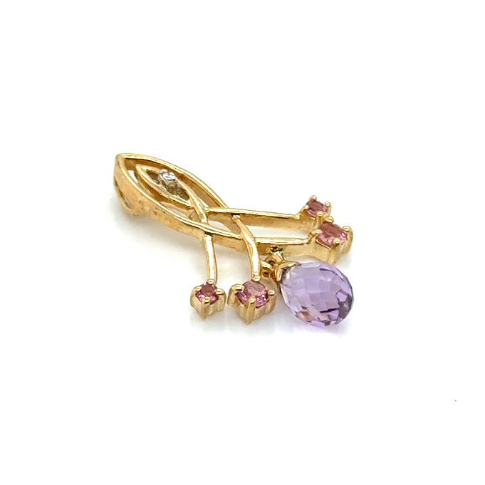 10k Yellow Gold Teardrop Purple Amethyst and Tourmaline Pendant