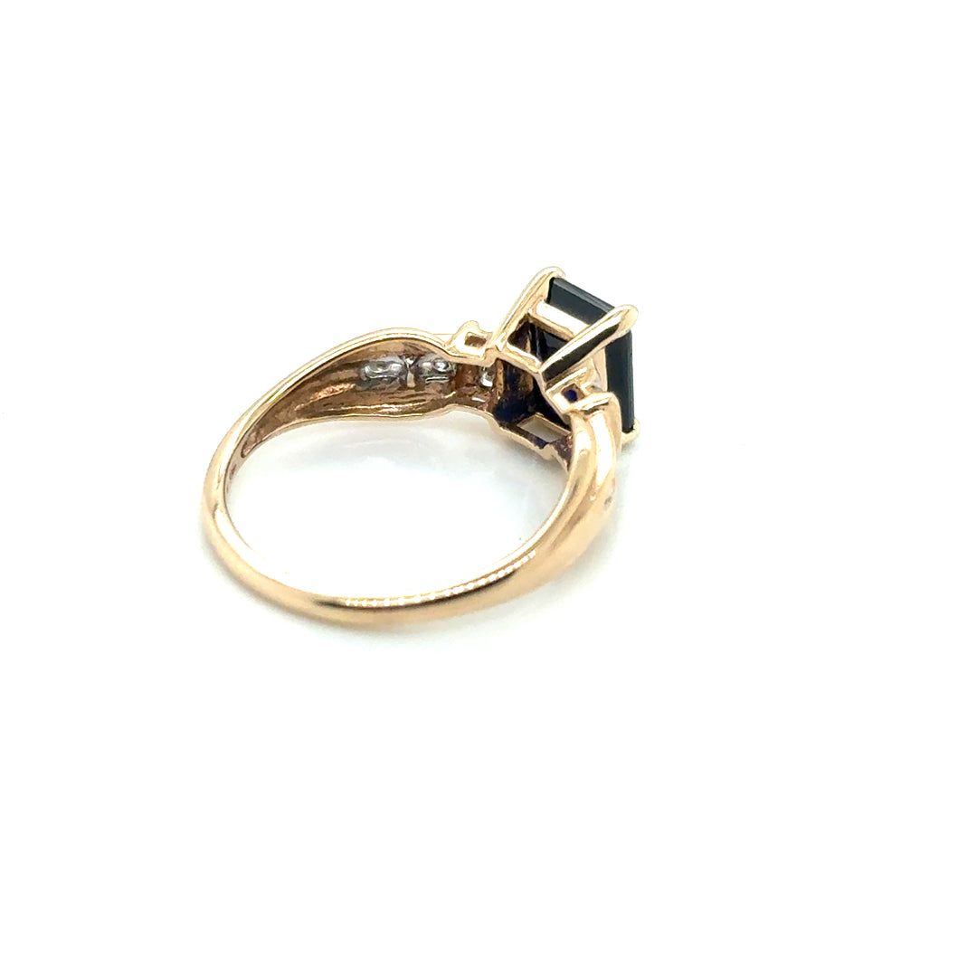 10k Yellow Gold Synthetic Sapphire and Diamonds Ring