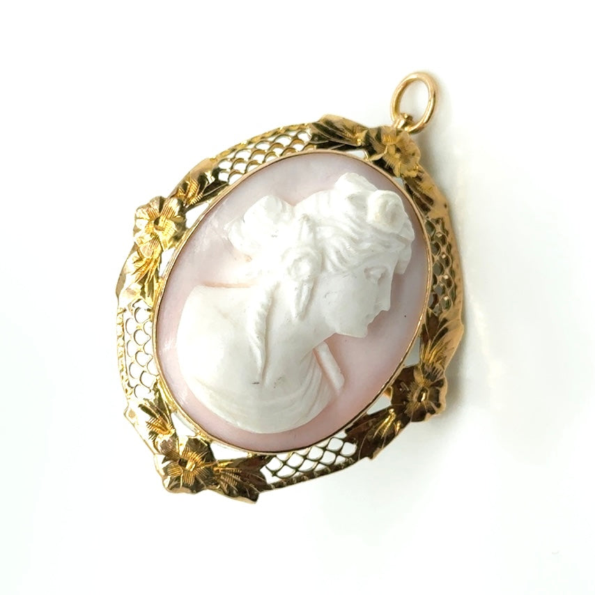 Vintage 10k Yellow Gold and Pink Shell Carved Floral Brooch/Pendant