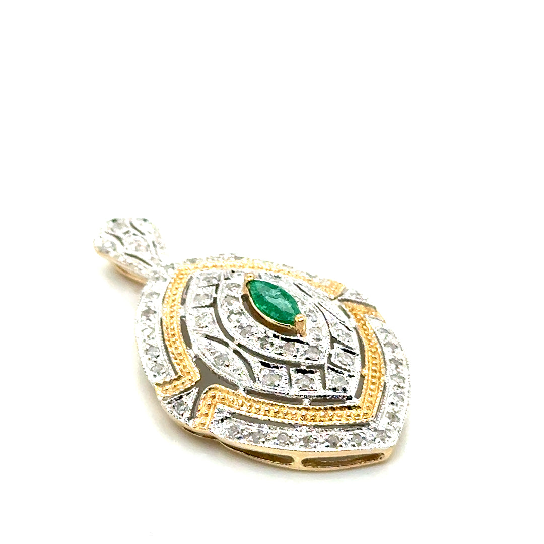 New 10k Yellow & White Gold Diamond & Colombian Emerald Pendant