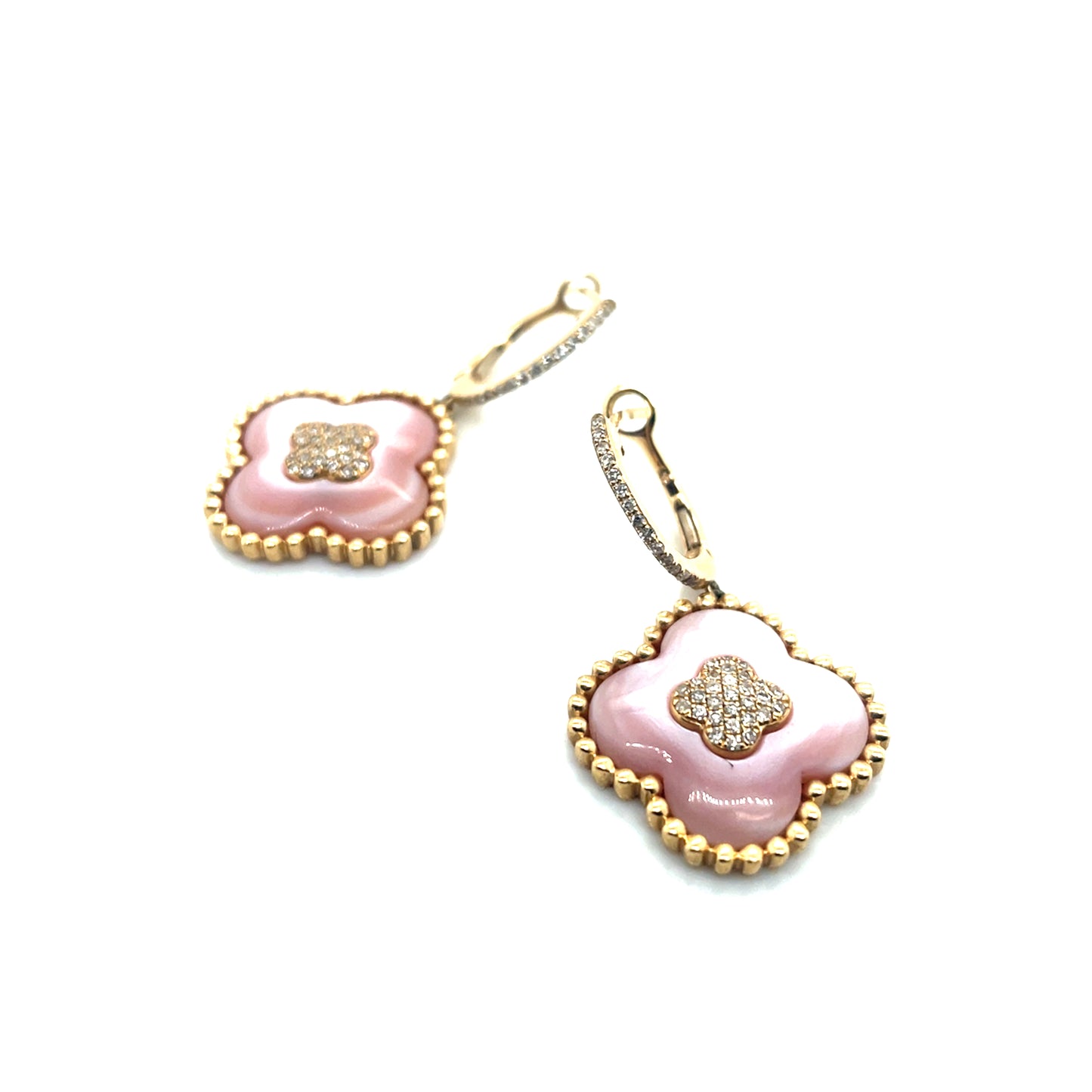 14k Yellow Gold Van Cleef Style Rose Quartz and 0.75 CT TW Diamonds Earrings