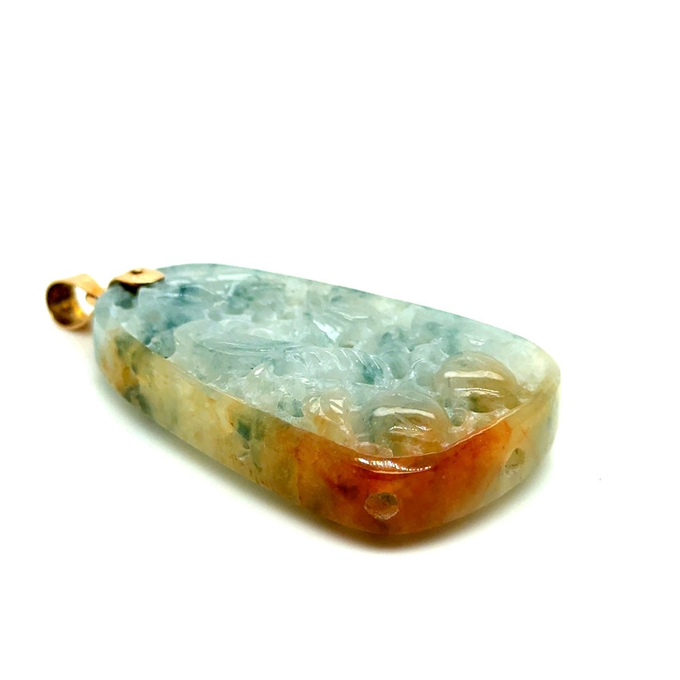 14k Yellow Gold Carved Green Brown Natural Jade Bird and Dragon Pendant