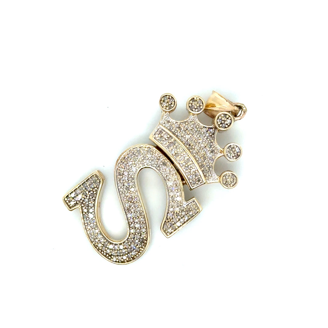 14k Yellow Gold Letter “S” 1.80 CT TW Diamonds with Crown Pendant