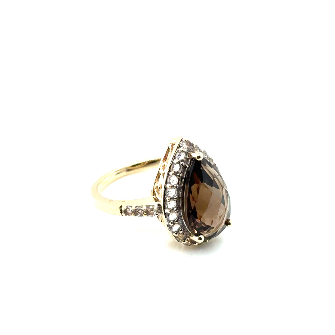 New 10k Yellow Gold Cubic Zirconia & Smokey Quartz Ring