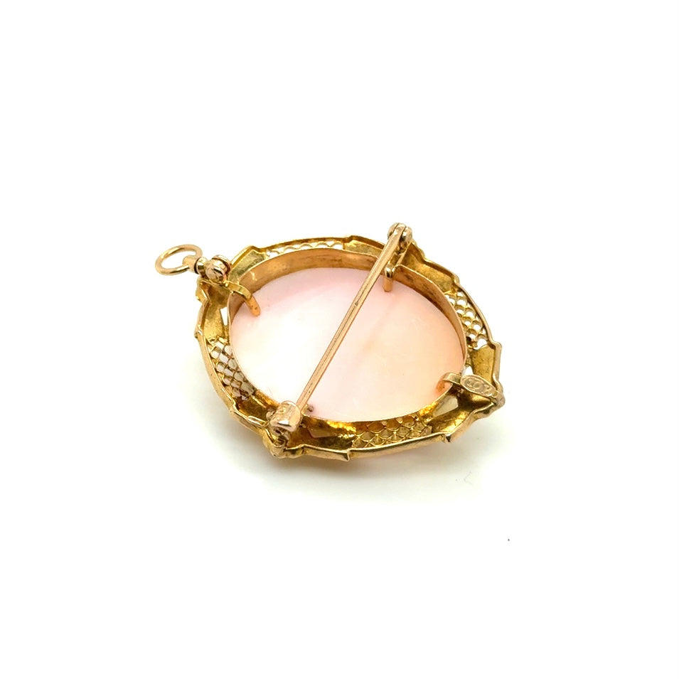 Vintage 10k Yellow Gold and Pink Shell Carved Floral Brooch/Pendant