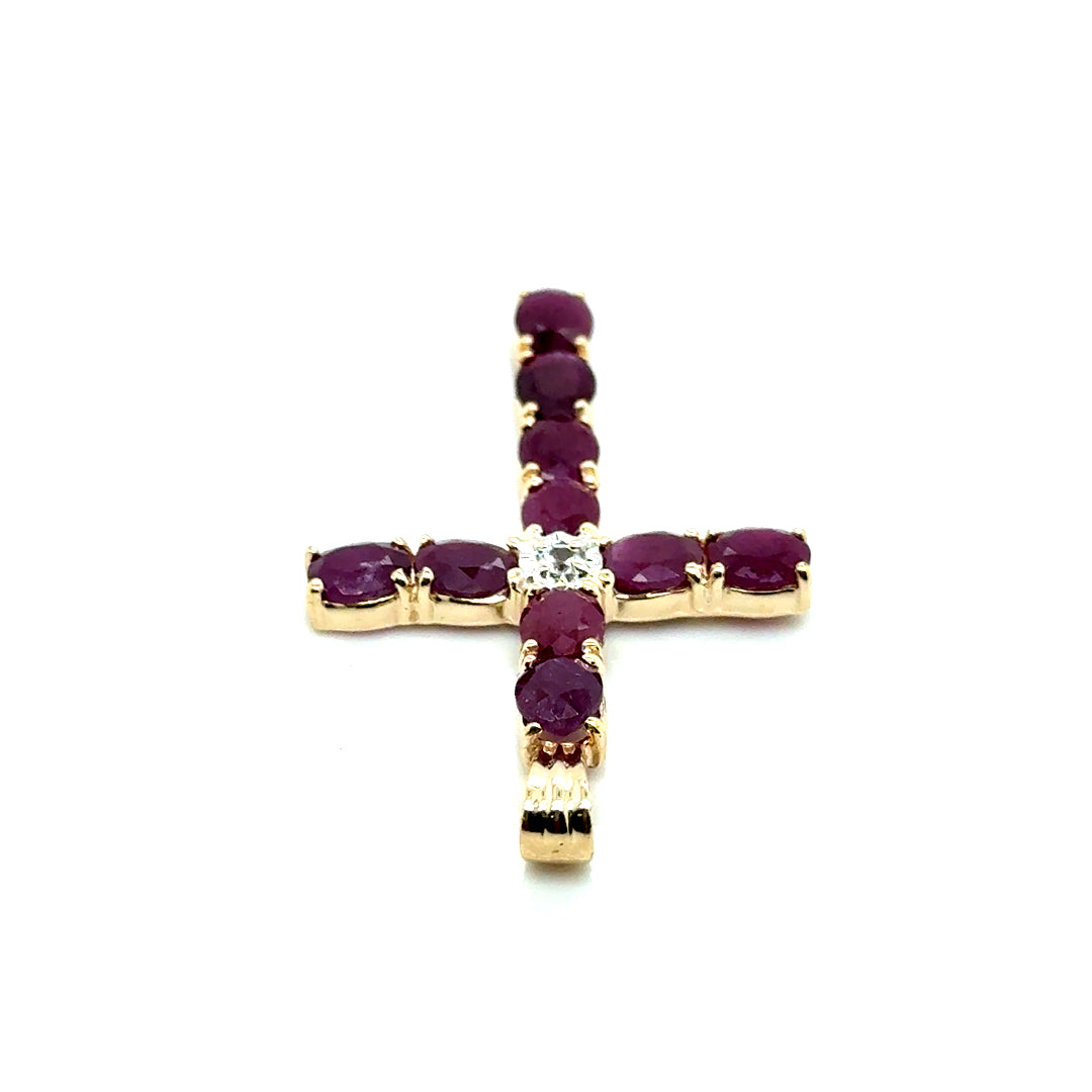 New 10k Yellow Gold Ruby & Diamond Cross Pendant