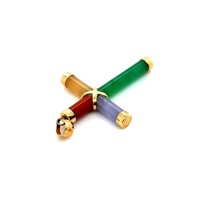 14k Yellow Gold Colored Jade Cross Pendant