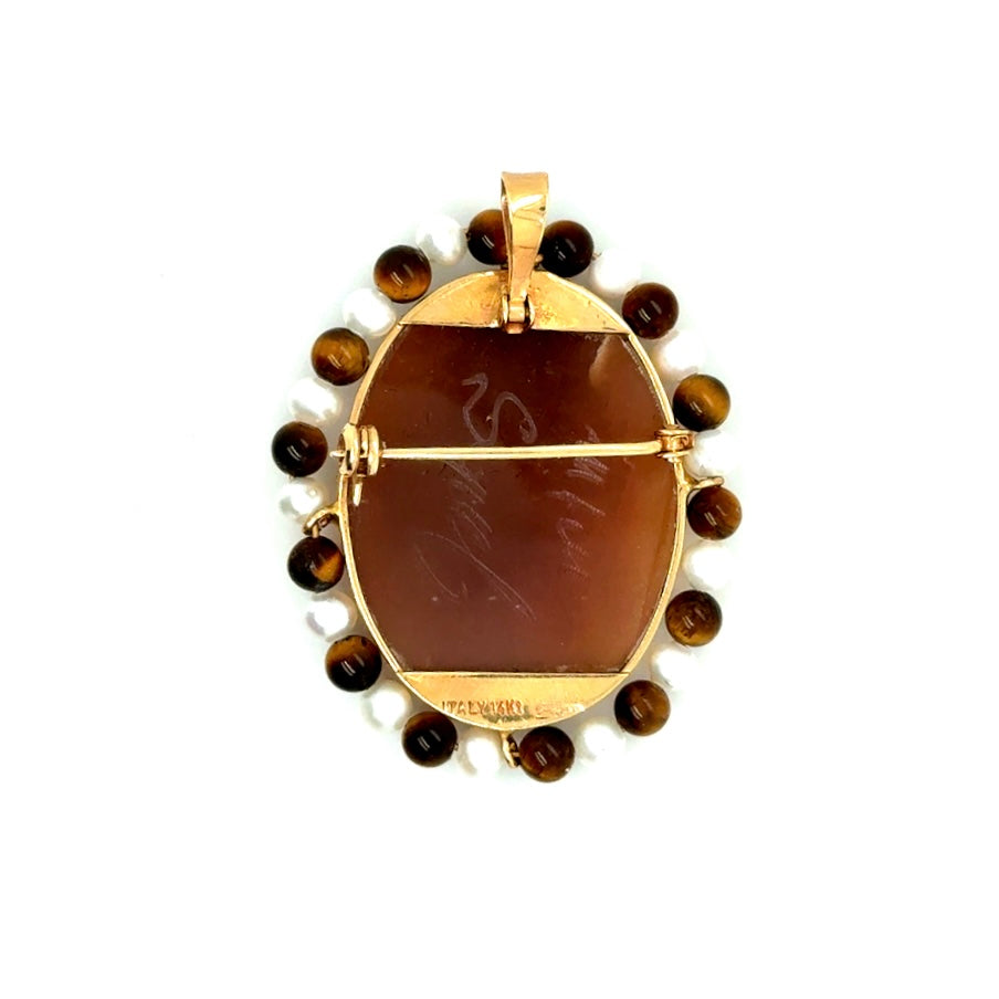 Vintage 14k Yellow Gold Italy Pearl and Tiger Stone Brooch/Pendant