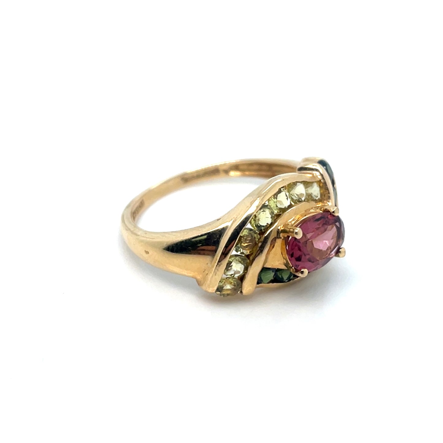 14k Yellow Gold Green and Pink Tourmaline and Lemon Quartz Ring