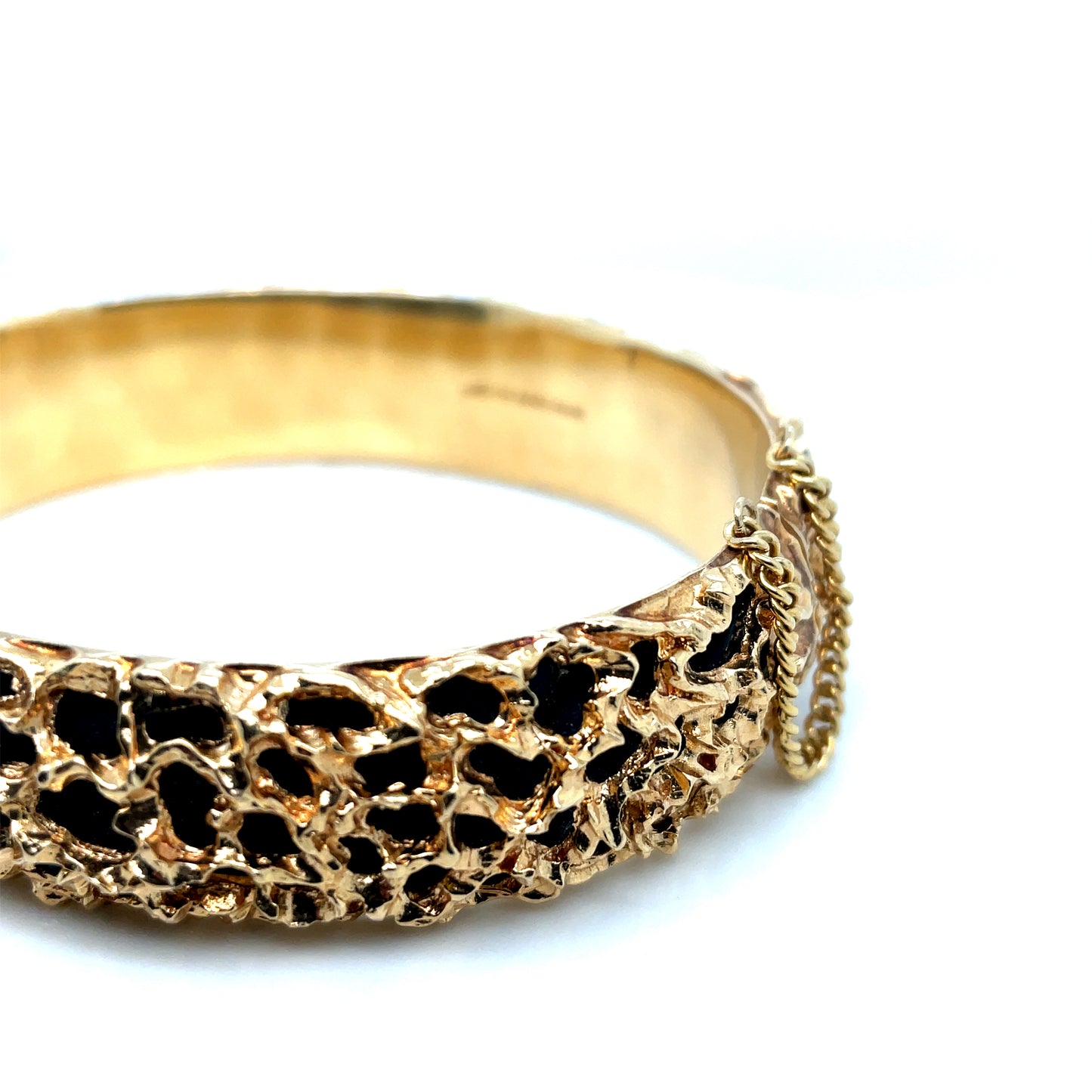 Vintage 1980’s 14k Yellow Gold Hand Made Bangle Bracelet with Filigree and Onyx