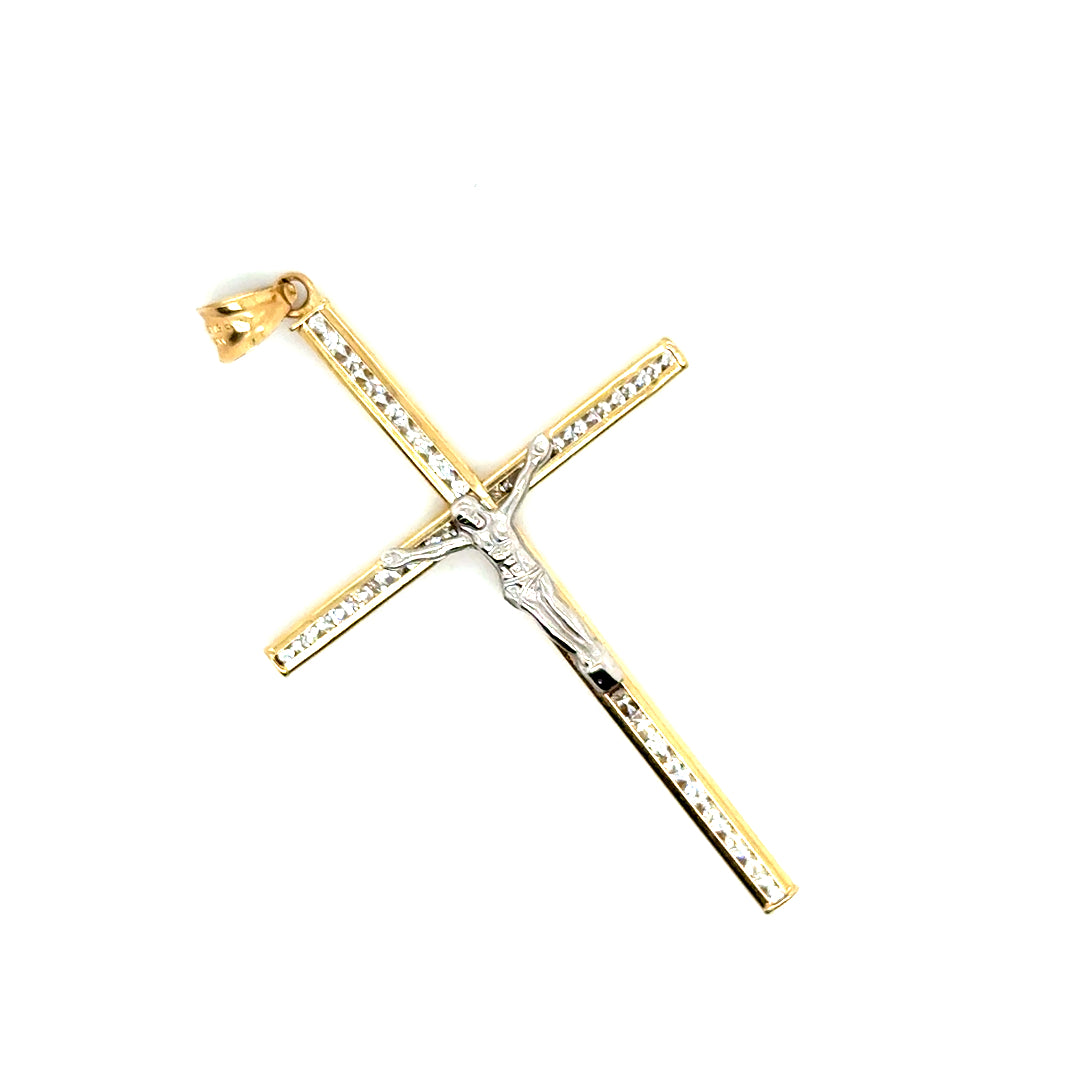 14k Yellow & White Gold Crucifix Cross CZ Pendant