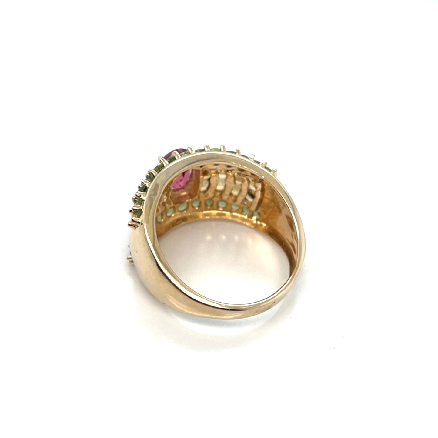 14k Yellow Gold Green Peridot and Pink, Yellow Tourmaline Ring