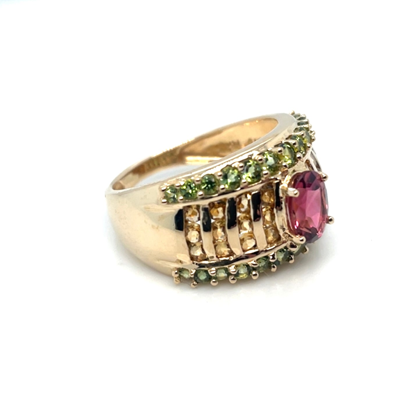 14k Yellow Gold Green Peridot and Pink, Yellow Tourmaline Ring